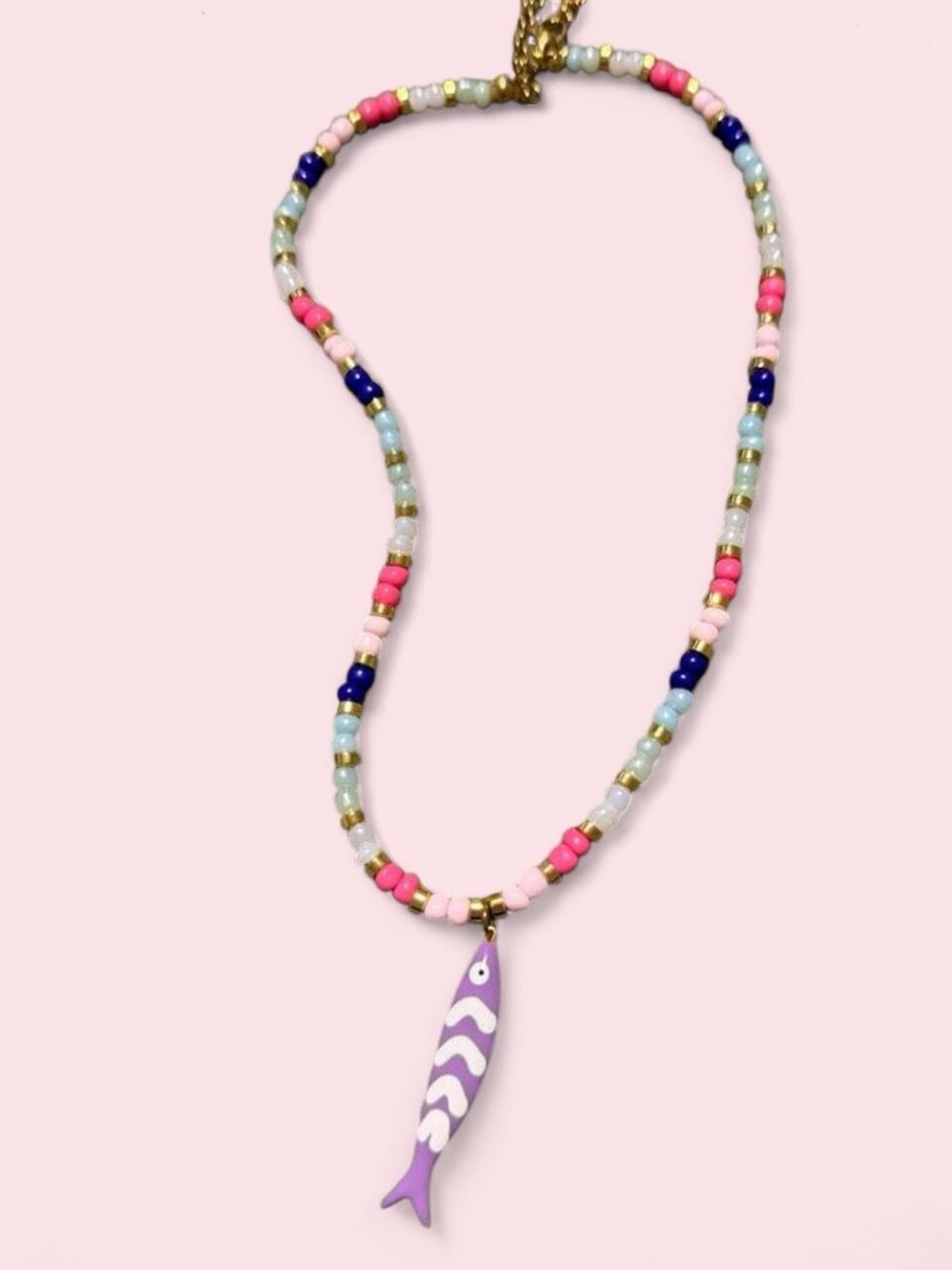 Boutique Purple Fish Pendant Beaded Necklace — Colorful Pink & Blue Accent